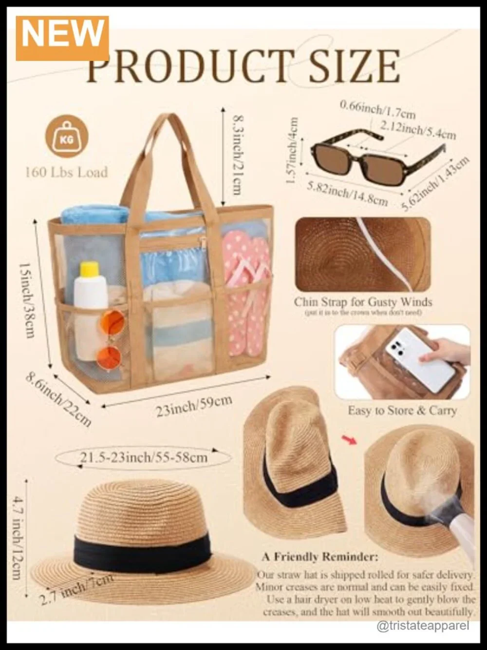 Summer Beach Accessories Set Mesh Tote Straw Hat Sunglasses UV Protection
